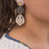 A close-up of a person wearing handcrafted, dangling earrings with flower and abstract shapes in translucent and gold tones, paired with a white textured sweater and a blue shirt with a floral pattern.